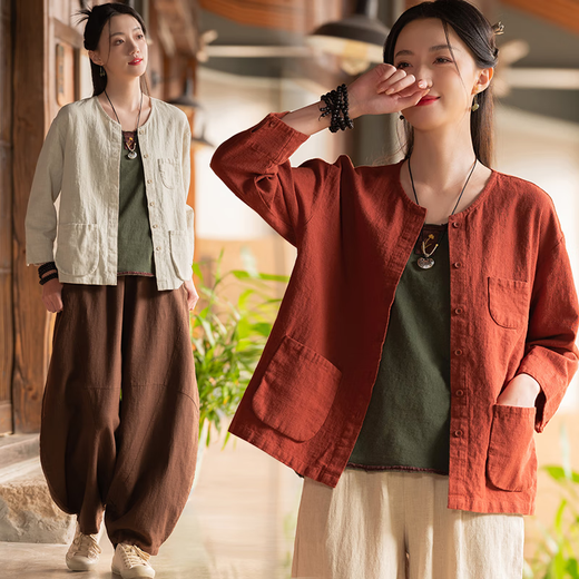 Deutsche Qualität Zen-Kleidung, Baumwolle und Leinenkleidung, lose Oberteil, Strickjacke, Zen Buddhist Frauenkleidung, Teekleidung, Meditation und Laien-Buddhist-Kleidungsset [zweiteiliger Set] Fadenfarbe Fadenfarbe + Tee Brown Hosen 6187# All Size