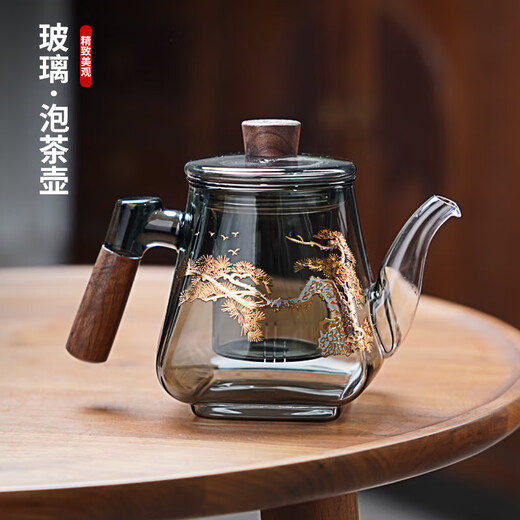 Quandu Decal Teapot Glass Tea Maker Thickened High Temperature Resistant Glass Teapot Wooden Handle Filter Flower Teapot Kung Fu Tea Set
