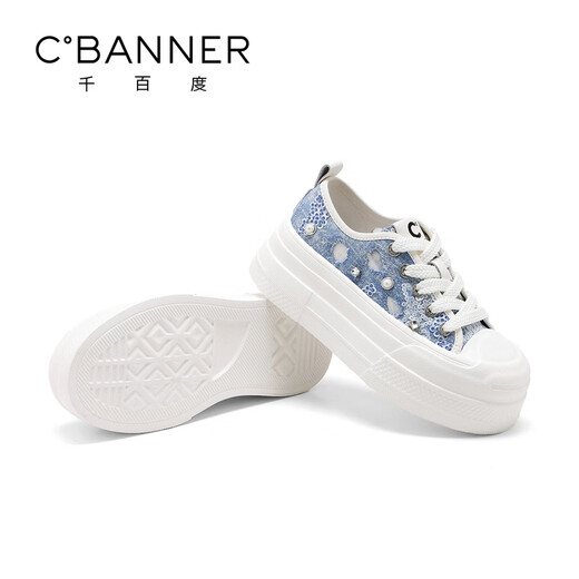 千百度 C°BANNER夏季透气网面时尚百搭帆布鞋女板鞋轻便增高运动休闲鞋厚底鞋 蓝色 38 (240mm)