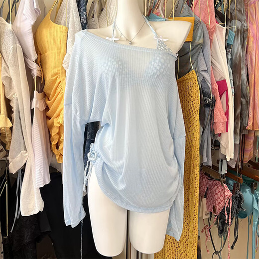 Mu Ni bikini swimsuit for women Thai sexy hottie seaside vacation split push-up blouse four-piece set long-sleeved hot spring blue one size fits all recommended 70-120 Jin Jin equals 0.5 kg