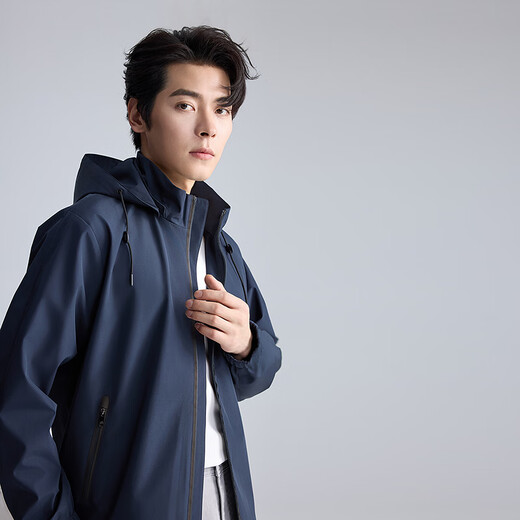 Lilang Light Fashion Men's Removable Hooded Jacket Men's Anti-Wrinkle Easy-Care Youth Commuting Casual Jacket Navy (2K) XL (175)