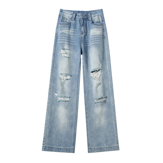 Shengmei Snow Thin Style Ripped Wide Leg Jeans Frauen 2025 Sommer ohne Beine Beine hohe Taille Lose Schlampe Schmaler Version Straight Hosen 3527 Leichte Retro-Blau-Neun-Punkte-XS empfohlen 70-80jin [Jin gleich 0,5 kg]