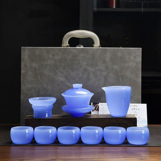 The same style as Fat Donglai imported from Germany, light luxury glazed Kung Fu tea set, office gift, jade porcelain bubble (no black spots), ice type glazed tea set, white jade covered bowl (gift box)