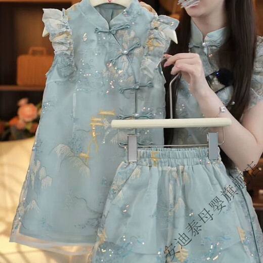 Andy Tai New Chinese Style Parent-Child Wear Cheongsam Skirt Chinese Style Hanfu Retro Embroidered Pantop Top Mother Daughter Suit Green 165 Mom Skirt S (Suitable for 80Jin Jin equals 0.5kg -100Jin Jin equals 0.5kg)