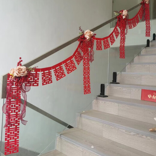 CLCEY Wedding Stair Handrail Decoration Wedding Room Layout Scene Bow Honeycomb Ball Post Hanging Decoration Wedding Flower B3892-Big Red Pearl Ice Wire Cloth 4 meters