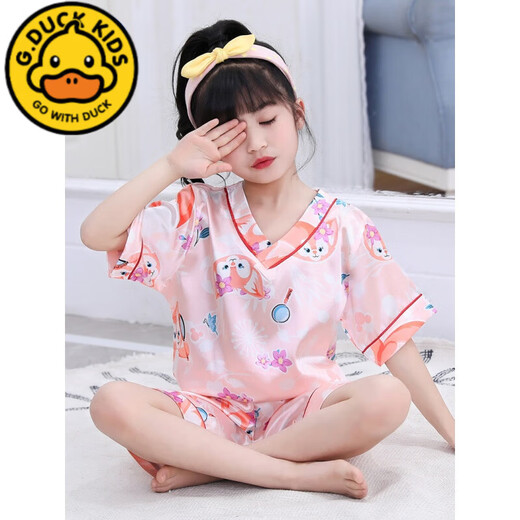 G.DUCKKIDS儿童睡衣女童夏季冰丝薄款短袖星黛露女孩丝绸夏天宝宝空调服套装 688樱桃香槟色 8码建议身高100-110cm4-5岁