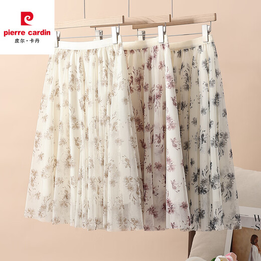 Pierre cardin ink printed chiffon skirt women's short skirt floral summer new A-line skirt flowing gauze skirt large over knee mid skirt new fabric chiffon (9906-3) M one size (skirt length 68c)