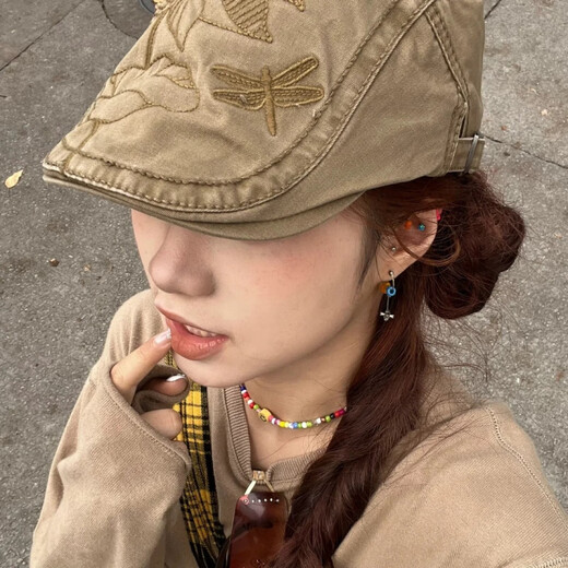 啄木鸟英伦复古文艺主播帽辣妹荷花刺绣前进帽子做旧甜酷少女贝雷帽女 灰色 M 52-56c