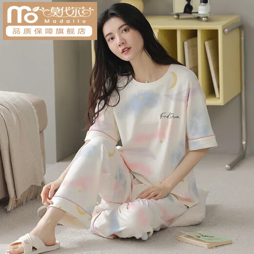 Modal cotton pajamas for women short-sleeved trousers for summer Korean women's round neck suit thin cotton exterior wear home clothes RN9715# short-sleeved trousers Cotton M (80-100Jin [Jin equals 0.5 kg])