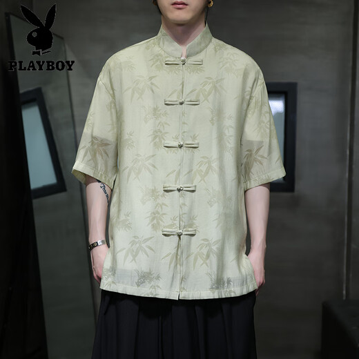 花花公子（PLAYBOY）夏季轻薄款短袖衬衫新中式古风盘扣唐装男装中国风竹叶上衣中山装 CS9898白色 3XL
