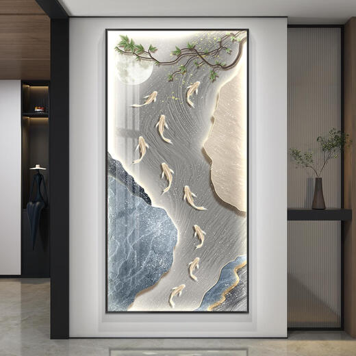 Tiger de trois acres avec des lumières et neuf images de poisson Hall d'entrée peintures décoratives version verticale couloir peintures suspendues simples HJ-6625 moderne 90 * 180 Style de lampe légère blanche froide
