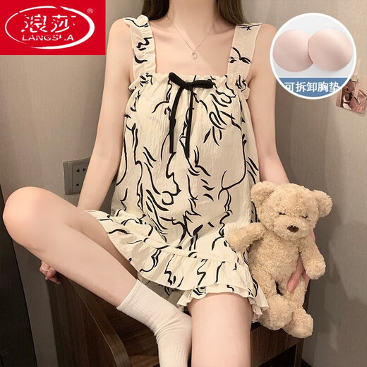 浪莎（LangSha）夏季新款梭织云朵棉带胸垫吊带睡衣女甜美可外穿家居服套装 JDX-9721# M