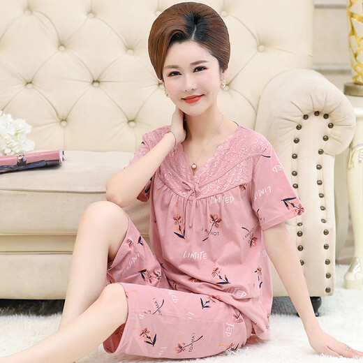 
Victoria's style middle-aged mother pajamas for women in summer pure cotton short-sleeved home clothes middle-aged and elderly thin cropped pants two-piece set Y3937 2XL