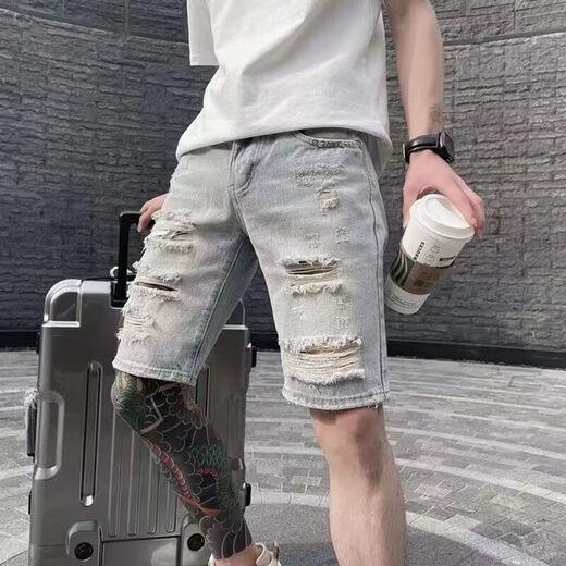 
Yarso ripped five-point denim shorts men's versatile slim-fitting pants Korean style ins fashion beggar mid-pants T693 blue graffiti 28 Suggested 90-100Jin [Jin equals 0.5 kg]