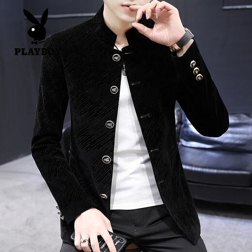 Playboy (PLAYBOY) Stand Collar Casual Suit Men's Korean Style Trendy Tunic Men's Youth Small Suit Spring and Autumn Top Men's Jacket 1898 Black Velvet XL 175