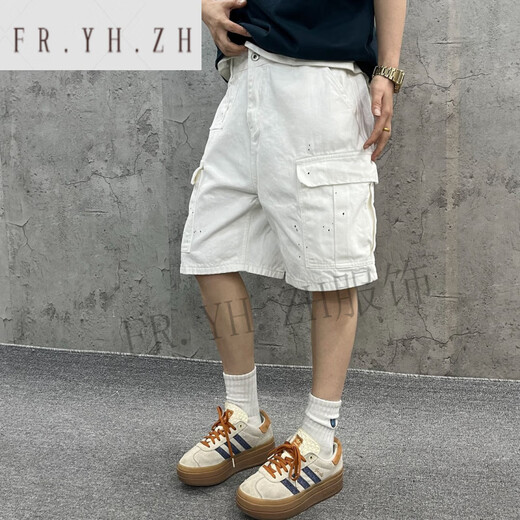 FR.YH.ZH尹小鸡 重磅水洗宽松工装大口袋白色竹节牛仔短裤五分裤男女 1049 白色 M (95-125斤)