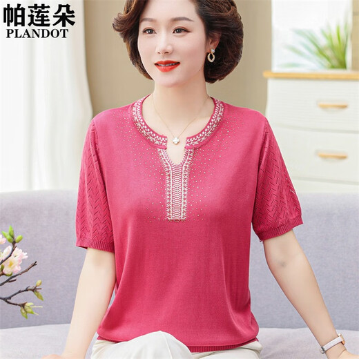 Kuzhang (Kuzhang) 2025 Neues Mutter-Sommer-Strick-T-Shirt im mittleren Alter mittleren Alters mit kurzärztem Anzug mittleren Alters mittleren und älterer Menschen mit großer Größe 9757 Red M empfohlen 80-95jin [Jin entspricht 0,5 kg]