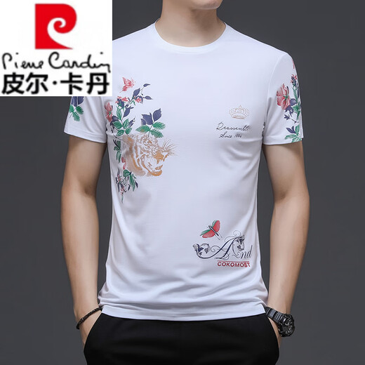 皮尔卡丹（pierre cardin）高端中国风老虎头潮流男士短袖T恤时尚印花大码男打底衫半袖宽松 829黑色字母 M 建议100-115斤内