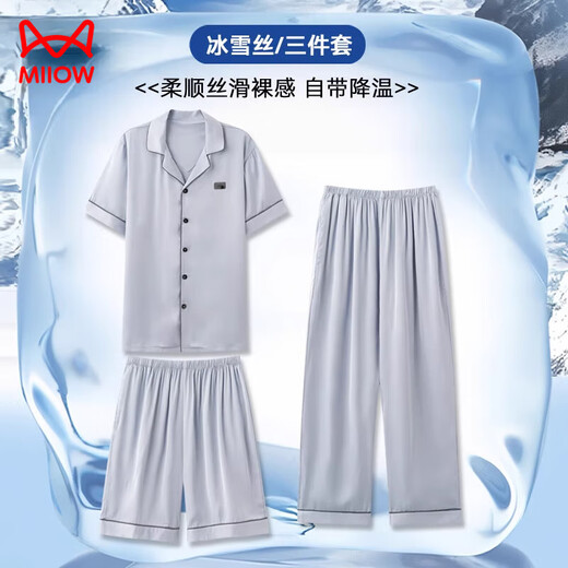 
Catman (MiiOW) summer men's three-piece pajamas ice silk short-sleeved trousers imitation silk 2025 new home clothing men's summer 14902+K15902 L