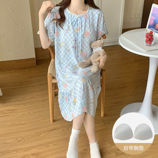 维多利亚的格调带胸垫睡衣女夏季2025新款宽松可爱韩版碎花睡裙中长款家居服大码 M16862【带胸垫】 2XL