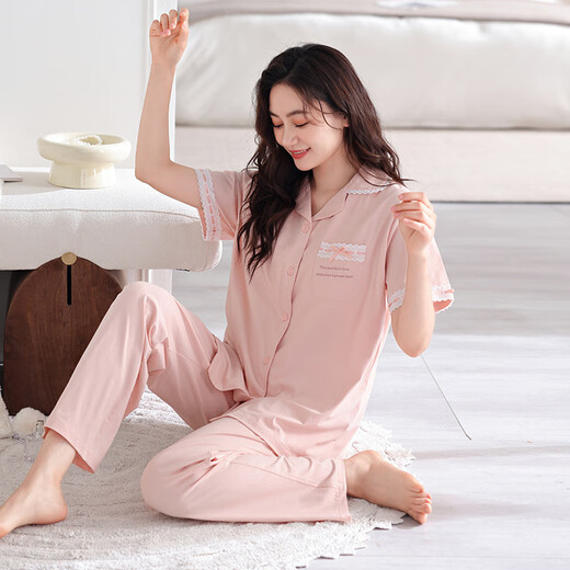 Levier pajamas with chest pad for women for summer cotton short sleeves 2025 new women's summer thin princess style sweet home clothes 695 tender green (with chest pad/cropped pants) M [Suggested 80-100Jin [Jin equals 0.5 kg]]