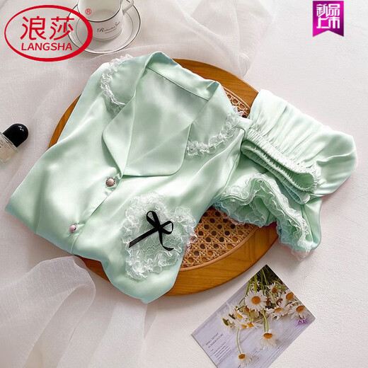浪莎（LangSha）冰丝睡衣女夏天短袖公主风性感蕾丝家居服套装2025年新款夏季可爱 9214短袖 2XL 130-145斤