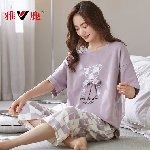 雅鹿睡衣女士2025夏季纯棉可爱韩版卡通短袖七分裤薄款套装家居服 七分裤套装-679  M 女【80-100斤】