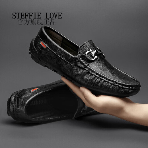 STEFFIE LOVE男鞋镂空豆豆鞋真皮男士2025夏季新款透气软皮软底一脚蹬休闲皮鞋 9905黑色 38