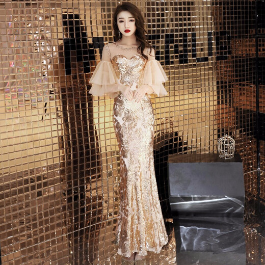 Snow Baby Golden Annual Party Evening Dress for Women 2022 New Banquet High-End Grand Queen Luxury Celebrity Party Party Host Performance Costume Sexy Fishtail Host Winter Catwalk Show Gold Custom-made