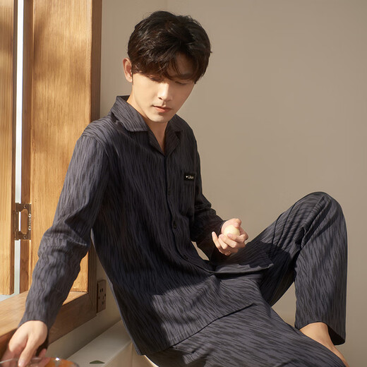 Princess Mark couple pajamas, spring and autumn pure cotton long-sleeved, fashionable and high-end, same style for men and women, can be worn as outerwear, home clothes M91714 lapel suit, men's XL