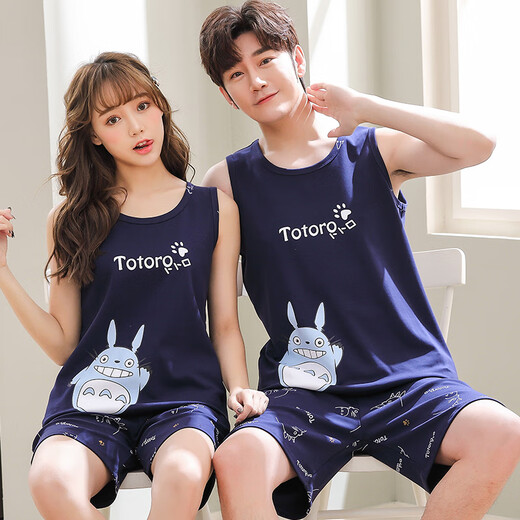 
Yalu 2025 new trendy couple pajamas summer cotton vest sleeveless suit men and women can wear summer home clothes 1283 blue dolphin vest QXX L men--