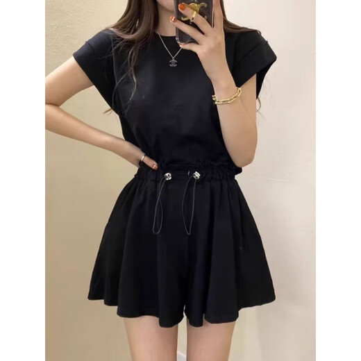 Hang Xindong Korean summer design niche temperament rear slit strap short-sleeved T-shirt top + drawstring shorts two-piece set for women white *897 single size