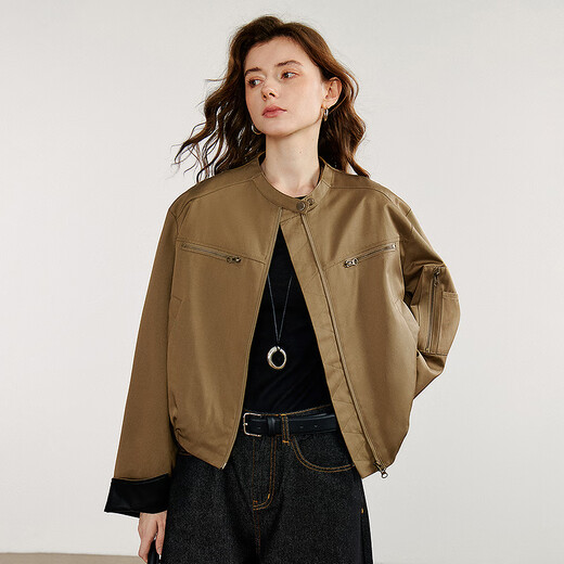 Chuyu jacket for women 2025 autumn new retro Bath style stand collar loose short high street style jacket cafe green L