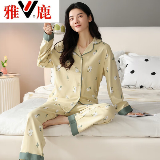 雅鹿睡衣女秋季纯棉开衫长袖套装甜美卡通休闲家居服套装可外穿 01F9227 M 女-
