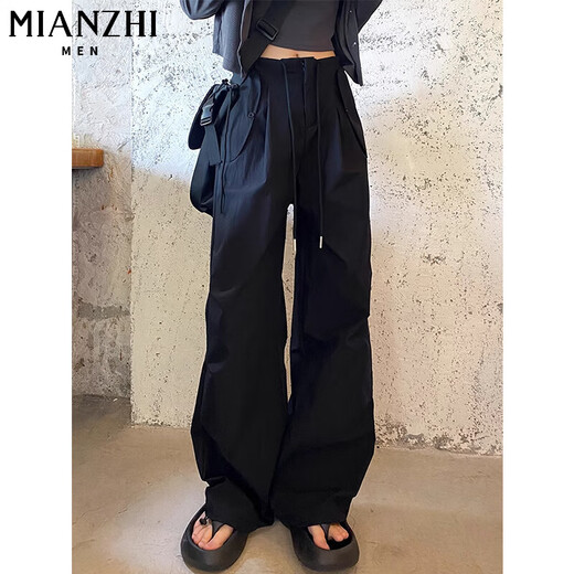 棉致美式冰丝速干工装休闲裤子女夏季薄款2025新款高腰显瘦运动阔腿裤 E688黑色【高品质30.5】 M 90-100斤