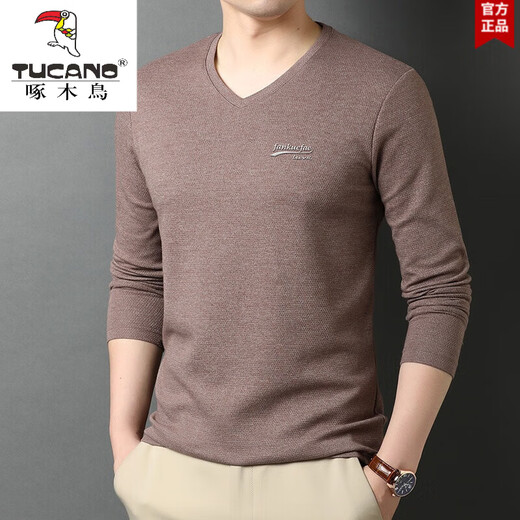 Woodpecker (TUCANO) spring and autumn V-neck men's pure cotton long-sleeved T-shirt sweetheart collar solid color versatile autumn men's tops bottoming shirt R9863 coffee color long-sleeved L 170120-130Jin Jin equals 0.5 kg
