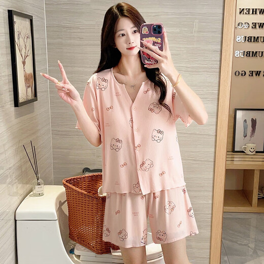 Pyjamas avec poitrine pour femmes pour papillon d'été 2025 Nouveau pantalon à manches courtes Sweet Cardigan Vêtements de maison mignon de gise de gise haut de gamme 983 Poudre de chaton mignon [avec poitrine de poitrine une pièce] 2xl 140-160jin [Jin est égal à 0,5 kg]