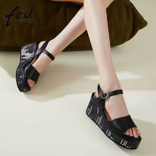 FED strap leather sandals summer new style women's shoes sequin thick-soled heeled sandals women's D0426-YA687