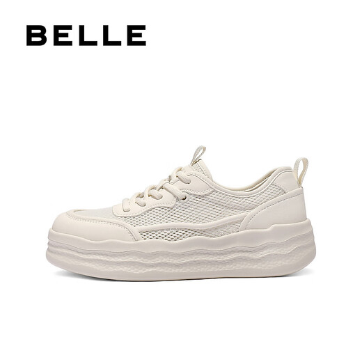 百丽（Belle）舒适透气网面小白鞋女2025夏新厚底增高休闲鞋B2611BM5 米白色 37 (235mm)