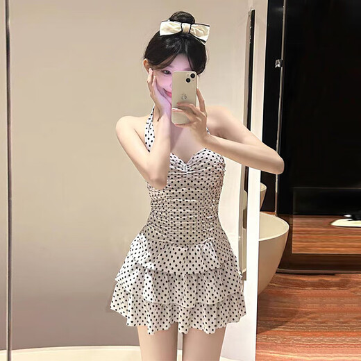 Bai Qixin swimsuit female one-piece retro polka dot backless pure desire hot spring conservative slim cover belly sexy 2026 new white polka dot swimsuit one size (recommended 70-120Jin Jin equals 0.5 kg)
