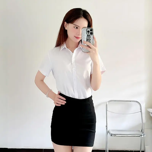 
Slim fit anti-wrinkle blue formal short-sleeved shirt for women 2025 summer professional commuter business interview work clothes shirt B611 white - bright button short-sleeved [Khmer impervious] M (recommended [90Jin[Jin equals 0.5 kg]-100Jin[Jin equals 0.5 kg]])