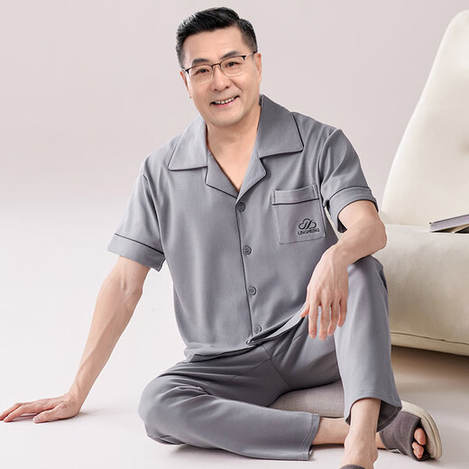 
Yalu Middle-aged and Elderly Men's Pajamas Pure Cotton Short Sleeve Long Trousers Spring and Summer Middle-aged Home Suit Summer Thin Set LMSJ9214 2XL (150-170Jin[Jin equals 0.5 kg])
