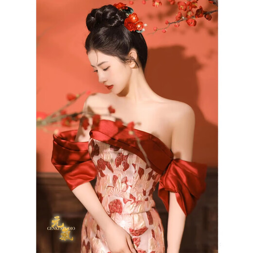 Fu Ling New Chinese Dressing Robe Bridal Luxurious Photography Chinese Engagement Toast Wear One Shoulder Fishtail Wedding Back Door Wear Banquet Burgundy M