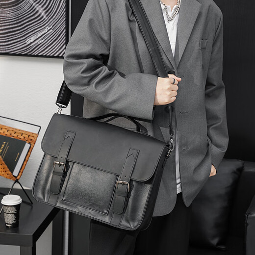
POLO retro Crazy Horse PU leather postman bag shoulder bag trendy men's new style cross-span bag business casual briefcase electric black 1