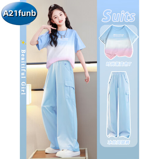 A 21 FUNB女童套装夏装2025年新款洋气儿童短袖工装裤大童夏季时髦炸街运动 19150紫色15265杏色 170 cm