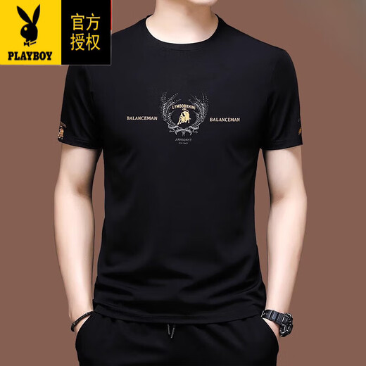 花花公子（PLAYBOY）高端款短袖t恤男士冰丝半袖夏装卫衣丝光棉刺绣宽松中年上衣服潮 X733黑色 M 165【建议-120斤】