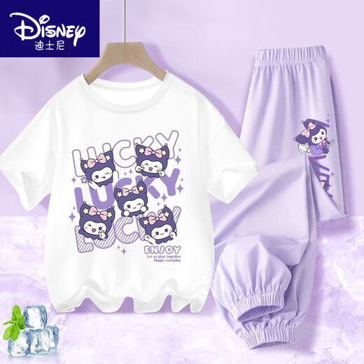 迪士尼（Disney）BINPAW女童夏季玉桂狗套装2025新款大童纯棉短袖t恤儿 A983白+A984紫裤 130 (建议身高115-125cm)