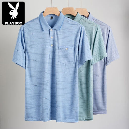 Playboy (PLAYBOY) daddy wear lapel ice silk short-sleeved T-shirt for middle-aged men's casual T-shirt for middle-aged and elderly thin POLO shirt summer clothes T ice silk-9855 gray real pocket M 48/165