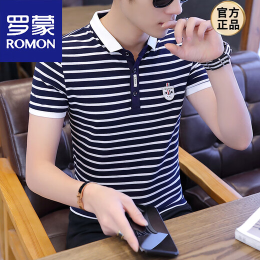 罗蒙（ROMON）男装短袖简约百搭男生T恤翻领polo.衫潮流韩版男士夏装男衣服 7029天蓝色 M