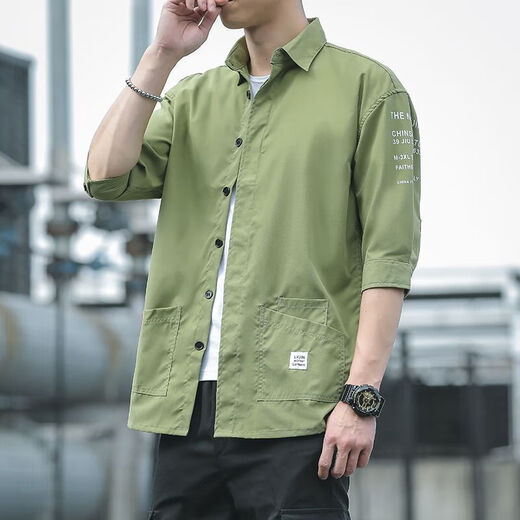 [Ropa de trabajo de estilo coreano] Camisa de siete hombres sueltos de siete puntos de manga larga de siete puntos de manga larga de manga de manga a media manga a media manga de verano 701 caki xl